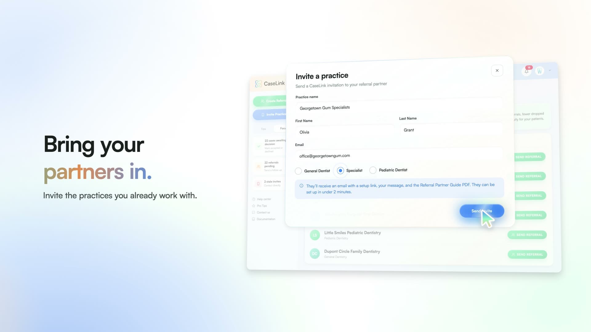 The CaseLink dashboard showing referrals waiting on a decision, practices in the network, and recent referral activity.