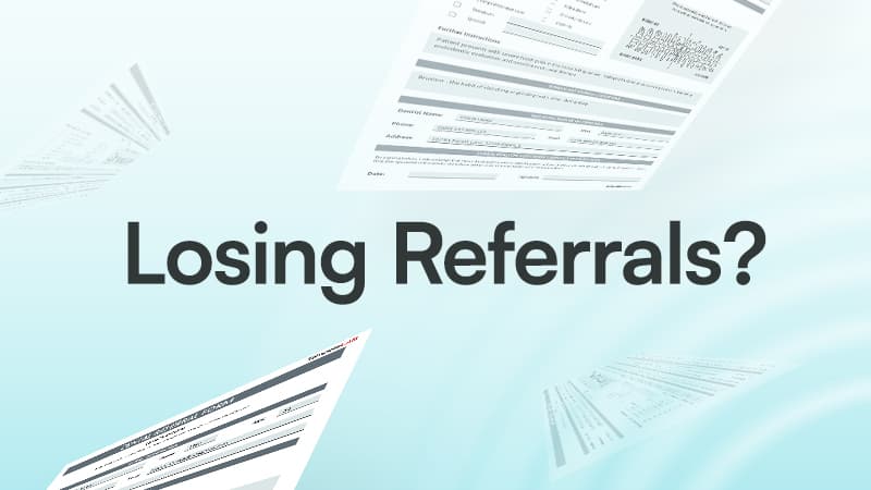 A graphic asking Losing Referrals? with paper referral forms drifting apart on a light blue background.