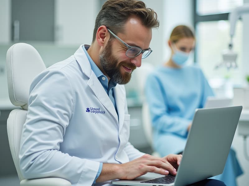 An endodontist reviews case records on a laptop in the clinic, with a colleague visible in the background.